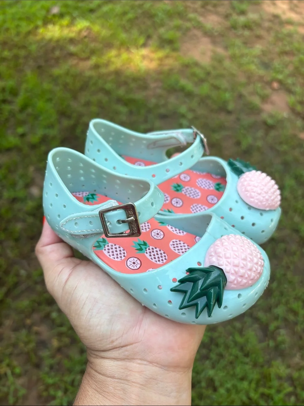 Mini Seed Mint Jelly Mary Janes with Pink Pineapple Appliqués